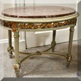 F05. Oval marble top side table. 22&rdquo;h x 30&rdquo;w x 22&rdquo;d  
